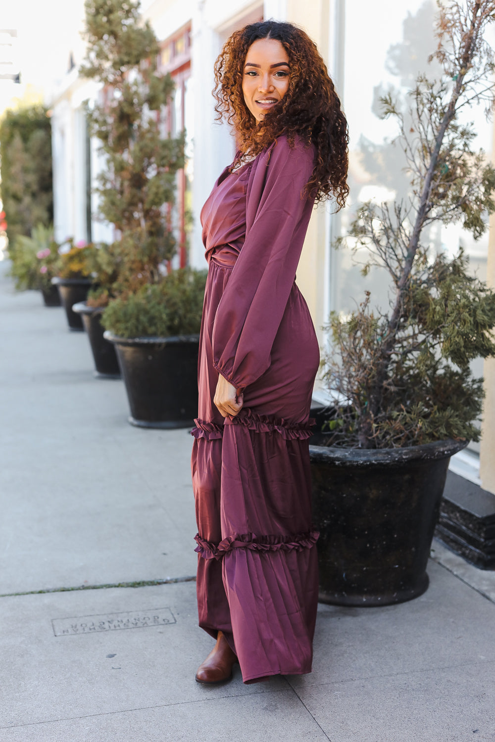 Holiday Vibes Wine Satin Front Overlap Smocked Back Maxi Dress