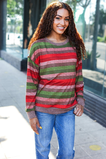 Perfectly You Olive & Mauve Stripe Two-Tone Banded Sweater Top