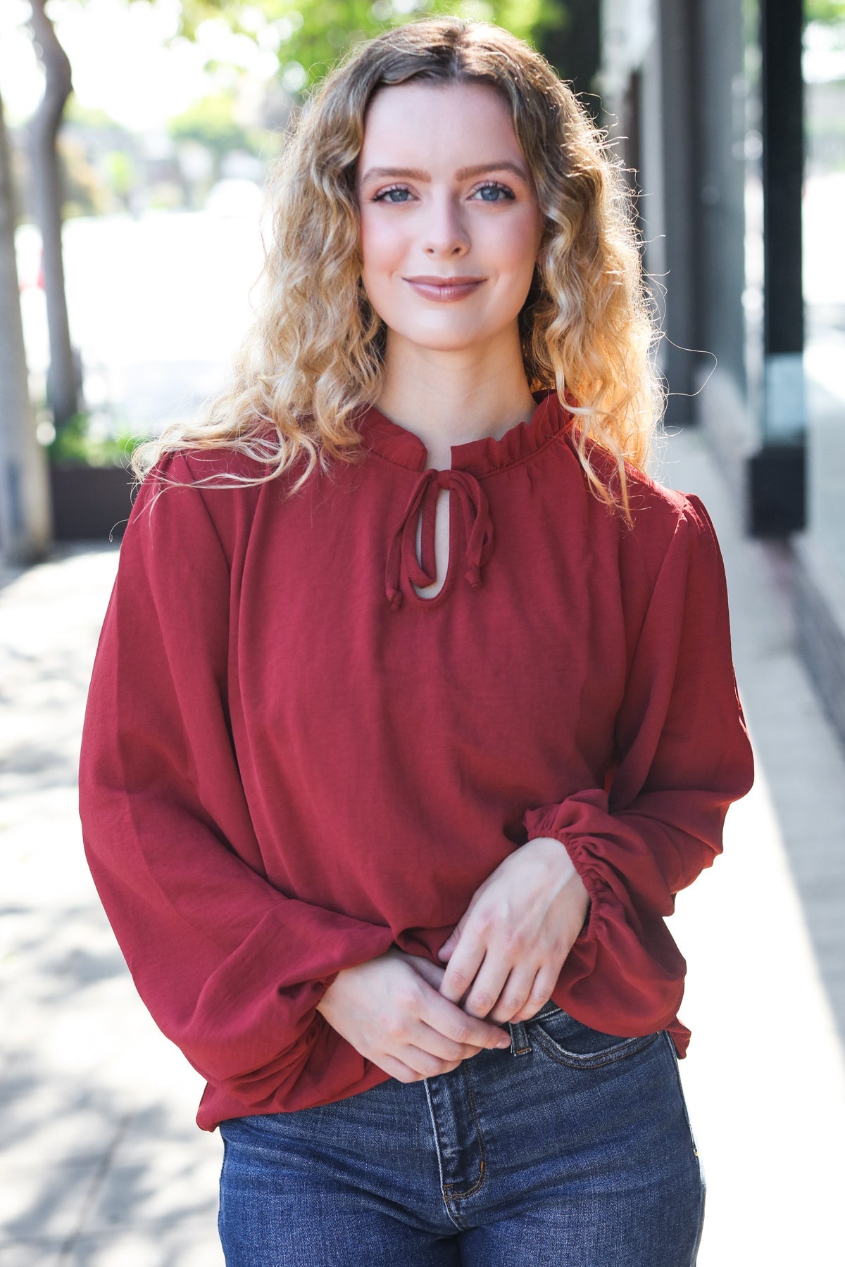 Feeling Femme Off Burgundy Frilled Edge V Neck Tie Top