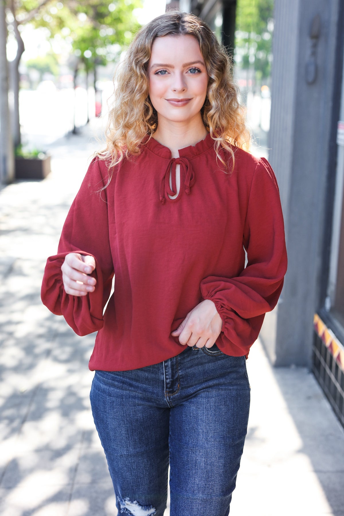 Feeling Femme Off Burgundy Frilled Edge V Neck Tie Top