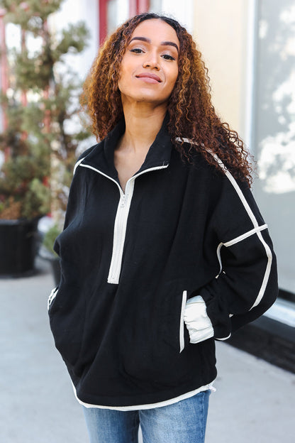 Catch Glances Black Cinched Waist Half Zip Up Fleece Jacket