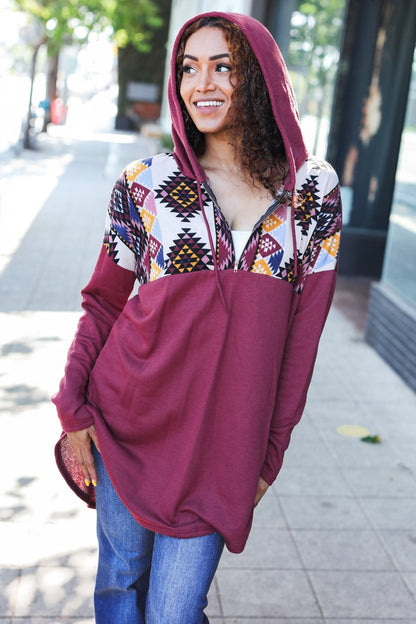 Stand Out Burgundy Tribal Print Half Zip Longline Hoodie