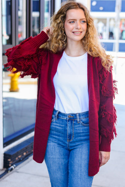 Beautiful You Burgundy Fringe Detail Knit Cardigan