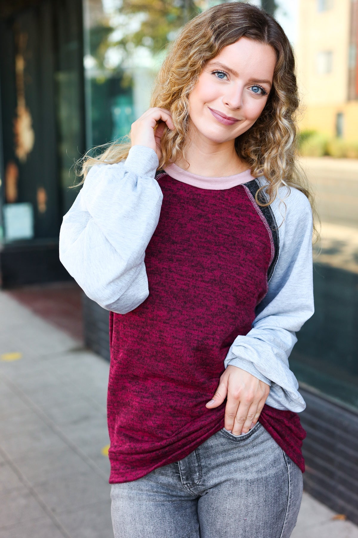 Autumn Vibes Grey & Burgundy Color Block Raglan Sweater