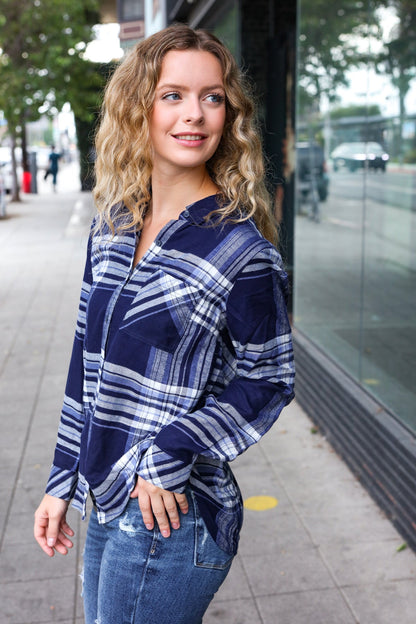 Casual Chic Blue Plaid Button Down Long Sleeve Top