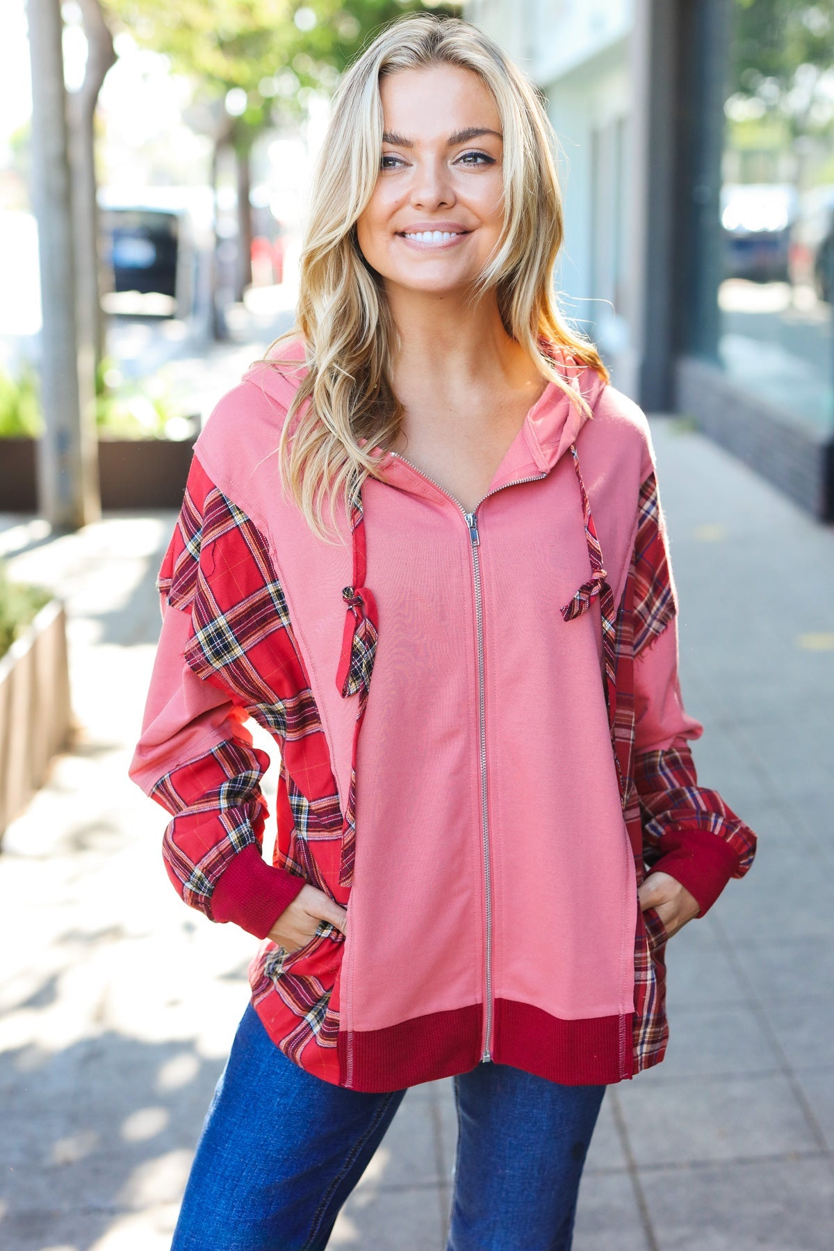 Adorable in Marsala Plaid Color Block Zipper French Terry Hoodie