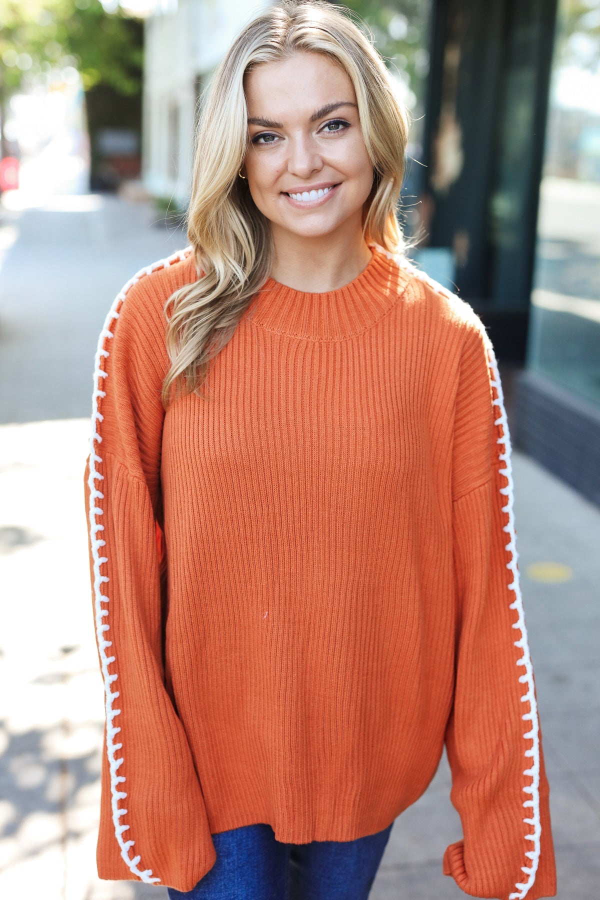 Fall Vibes Rust Rib Knit Large Stitch Oversized Sweater