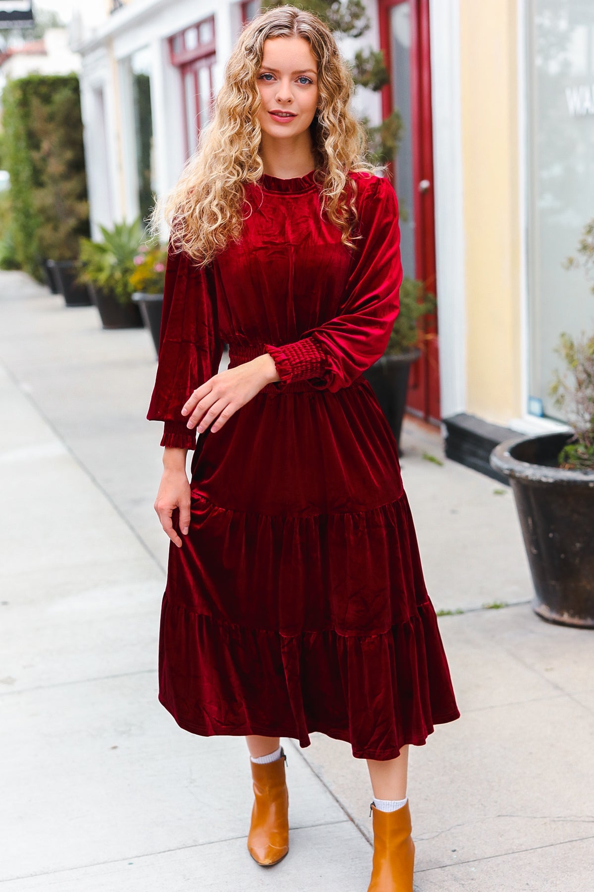 Holiday Dreaming Burgundy Velvet Mock Neck Smocked Waist Dress