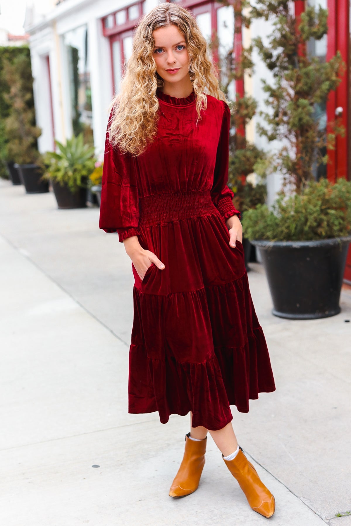 Holiday Dreaming Burgundy Velvet Mock Neck Smocked Waist Dress