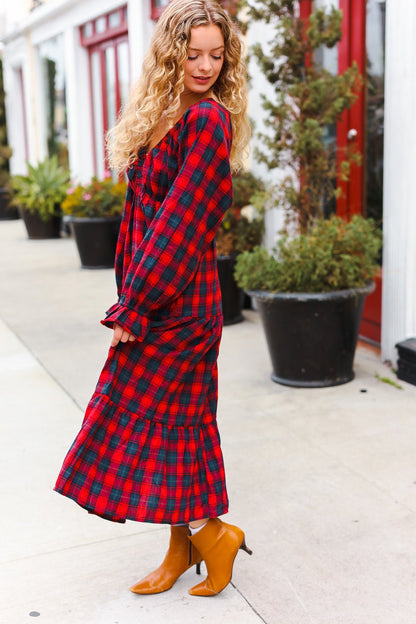 All I Want Red Plaid Elastic V Neck Tiered Maxi Dress