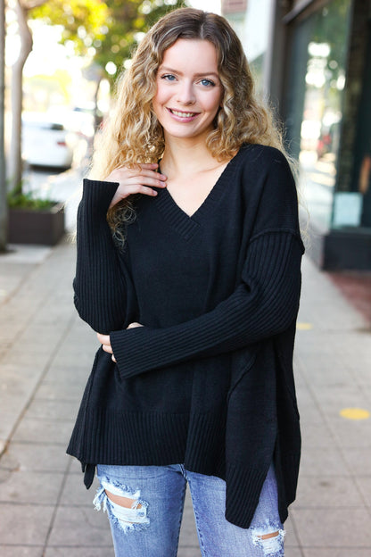 Casual Chic Black Oversized V Neck Rib Knit Sweater