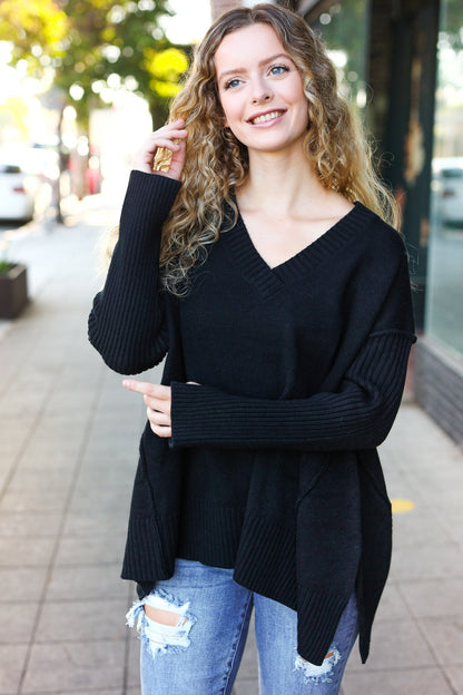 Casual Chic Black Oversized V Neck Rib Knit Sweater