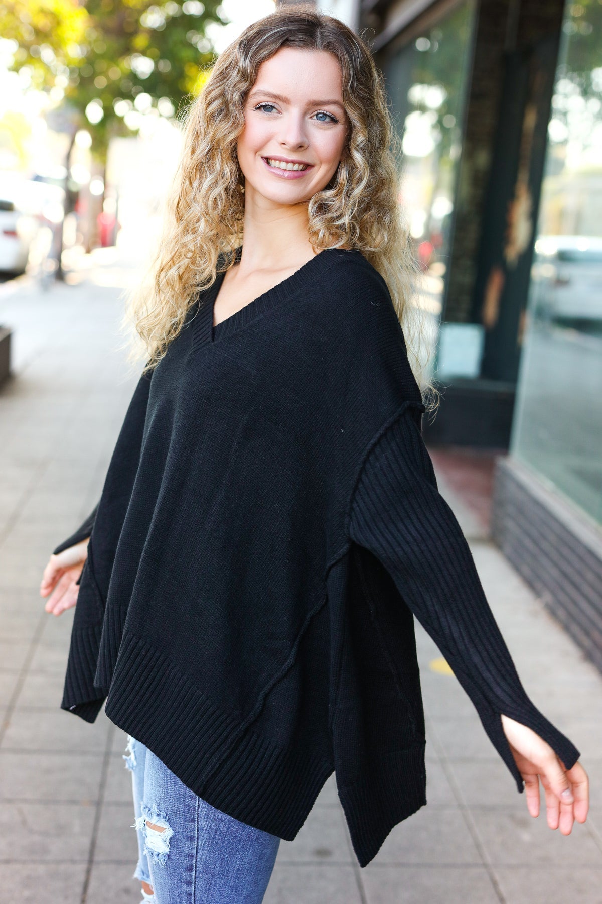 Casual Chic Black Oversized V Neck Rib Knit Sweater