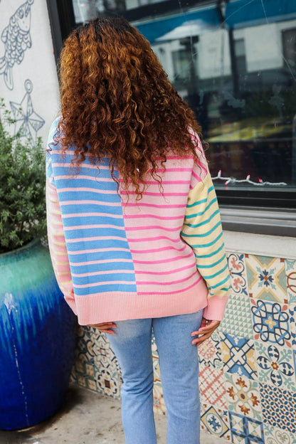 Perfectly Poised Blush & Blue Stripe Half Zip Up Oversized Sweater