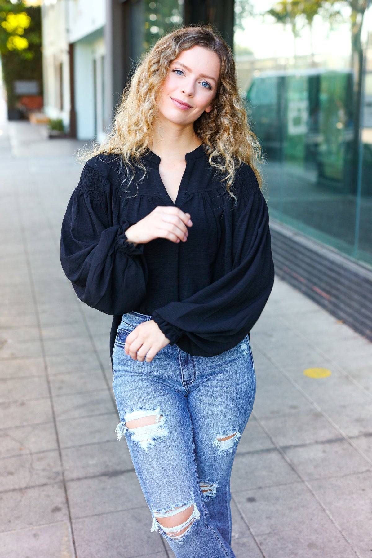 Boho Vibes Black Notched Neck Smocked Bubble Sleeve Top