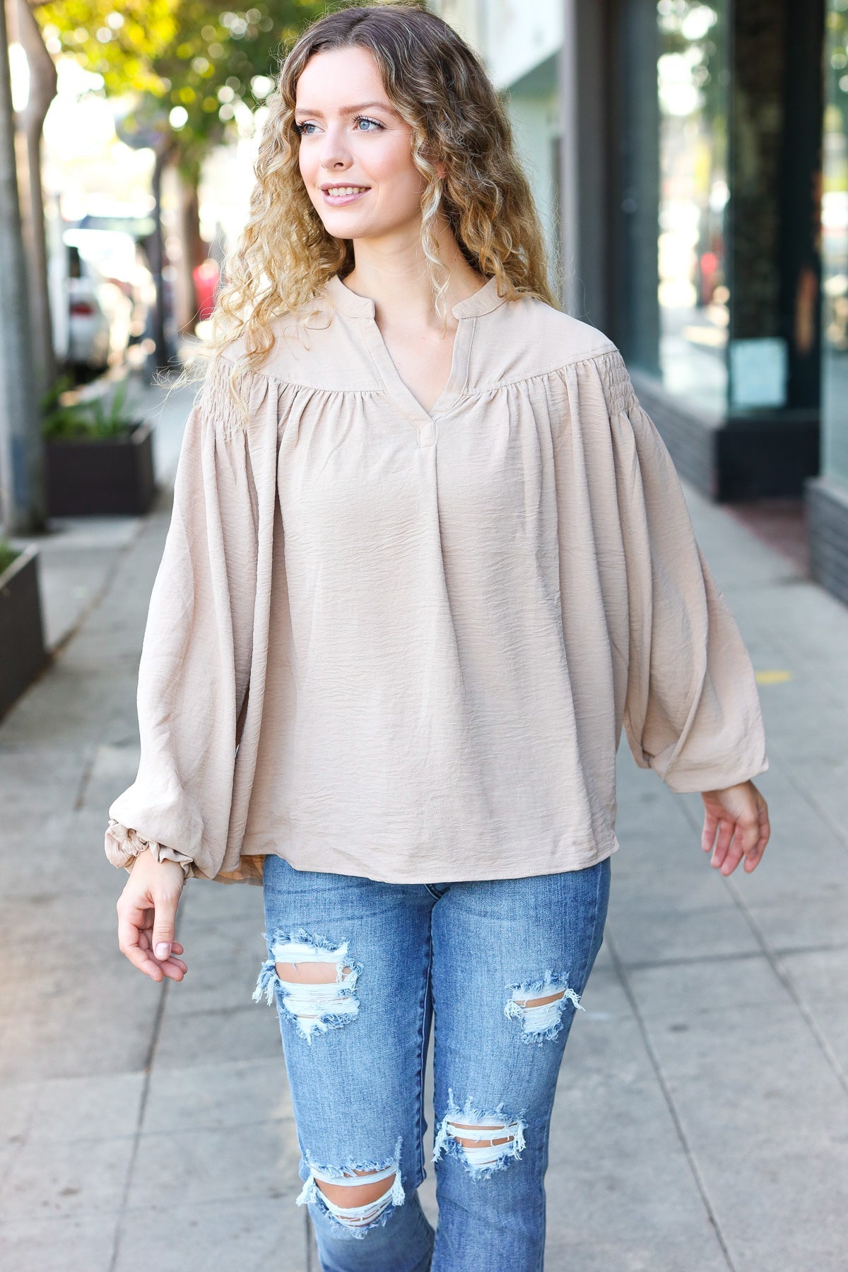 Boho Vibes Taupe Notched Neck Smocked Bubble Sleeve Top