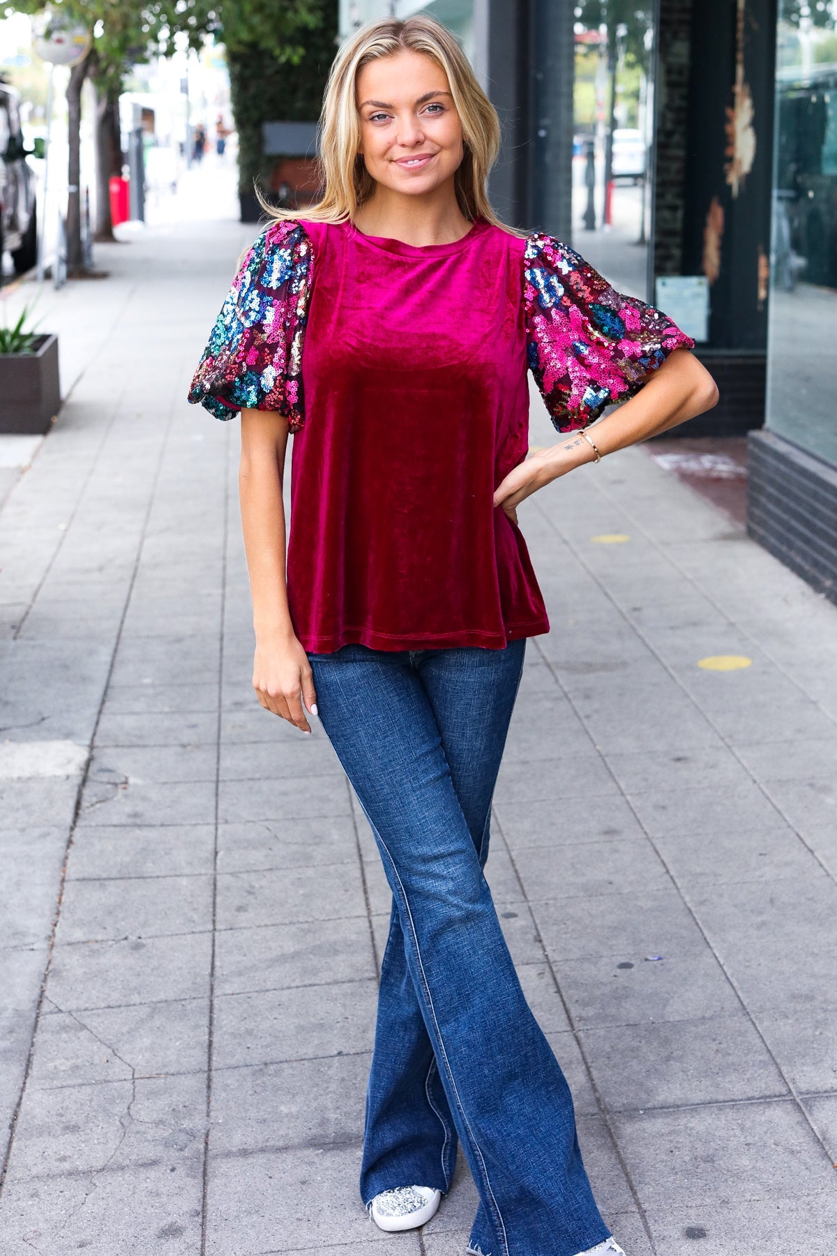 Diva Dreams Wine Floral Sequin Puff Sleeve Velvet Top