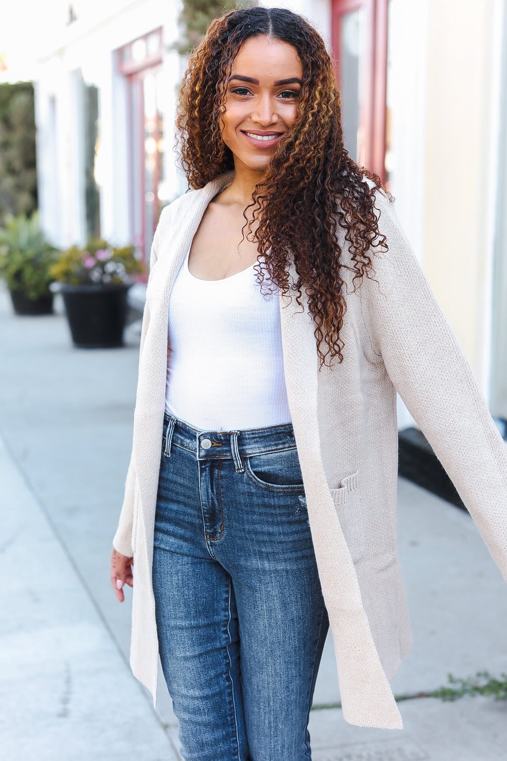 Taupe Open Sweater Cardigan Hoodie With Pockets