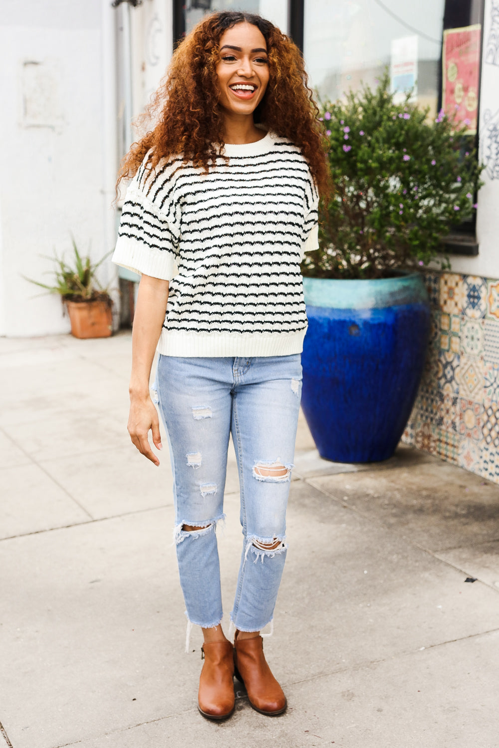 You've Got This Ivory & Black Wavy Stripe Pattern Sweater Top