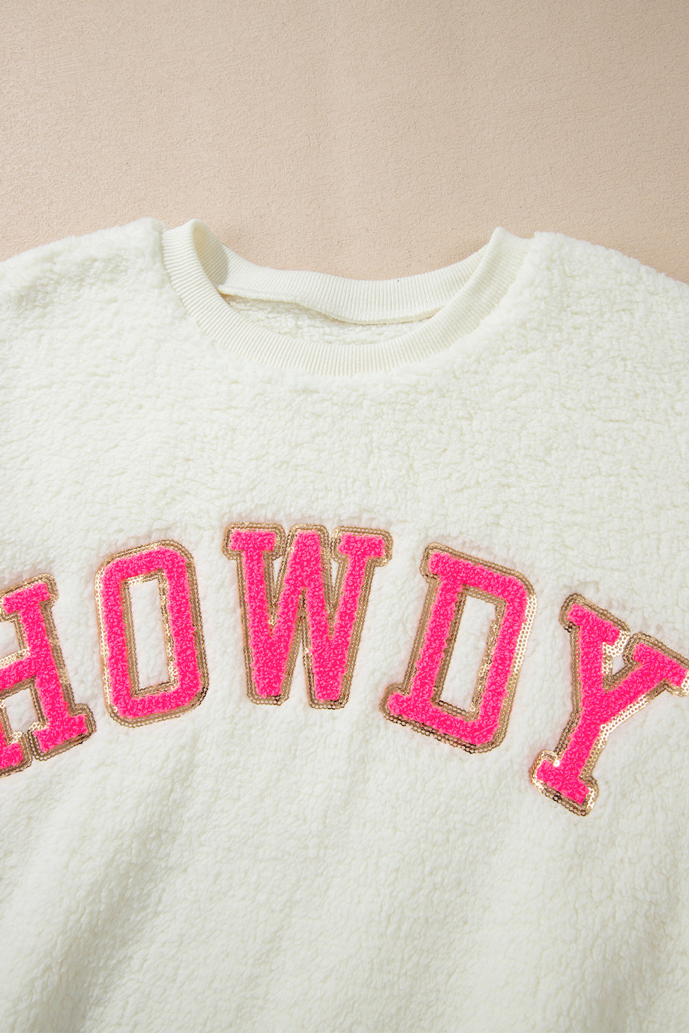 HOWDY Patched Round Neck Sherpa Sweatshirt