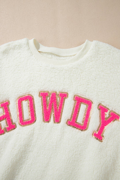 HOWDY Patched Round Neck Sherpa Sweatshirt