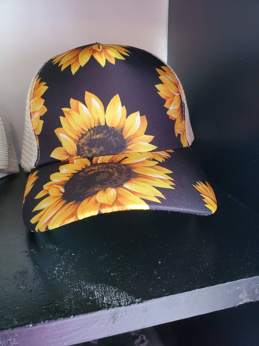 Sunflower Print Ponytail Hat