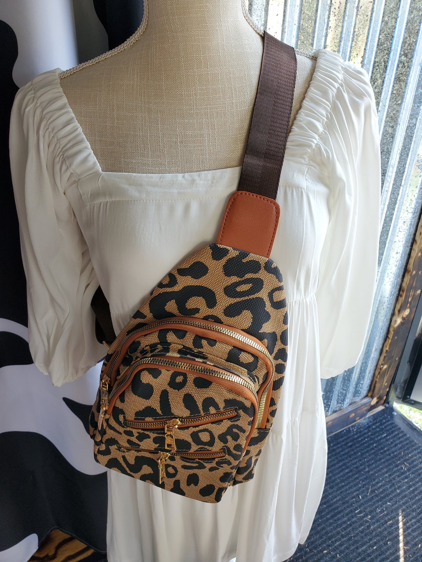 Leopard Double Zipper Crossbody Sling Bag