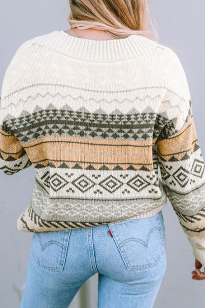 Geometric V-Neck Dropped Shoulder Sweater