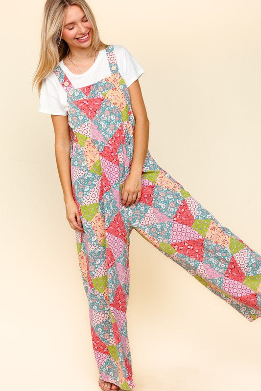 Haptics Full Size Printed Wide Leg Overalls with Side Pockets