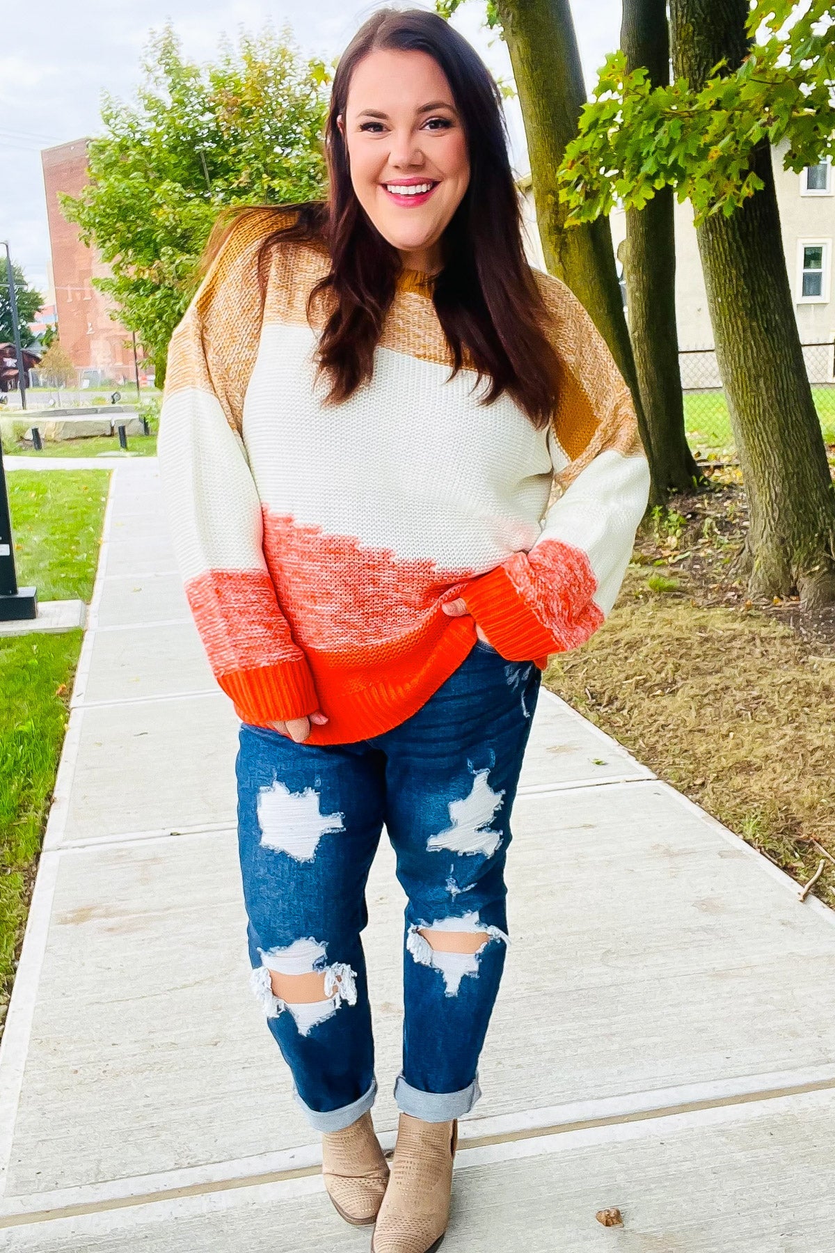 Adorable You Camel & Orange Color Block Sweater