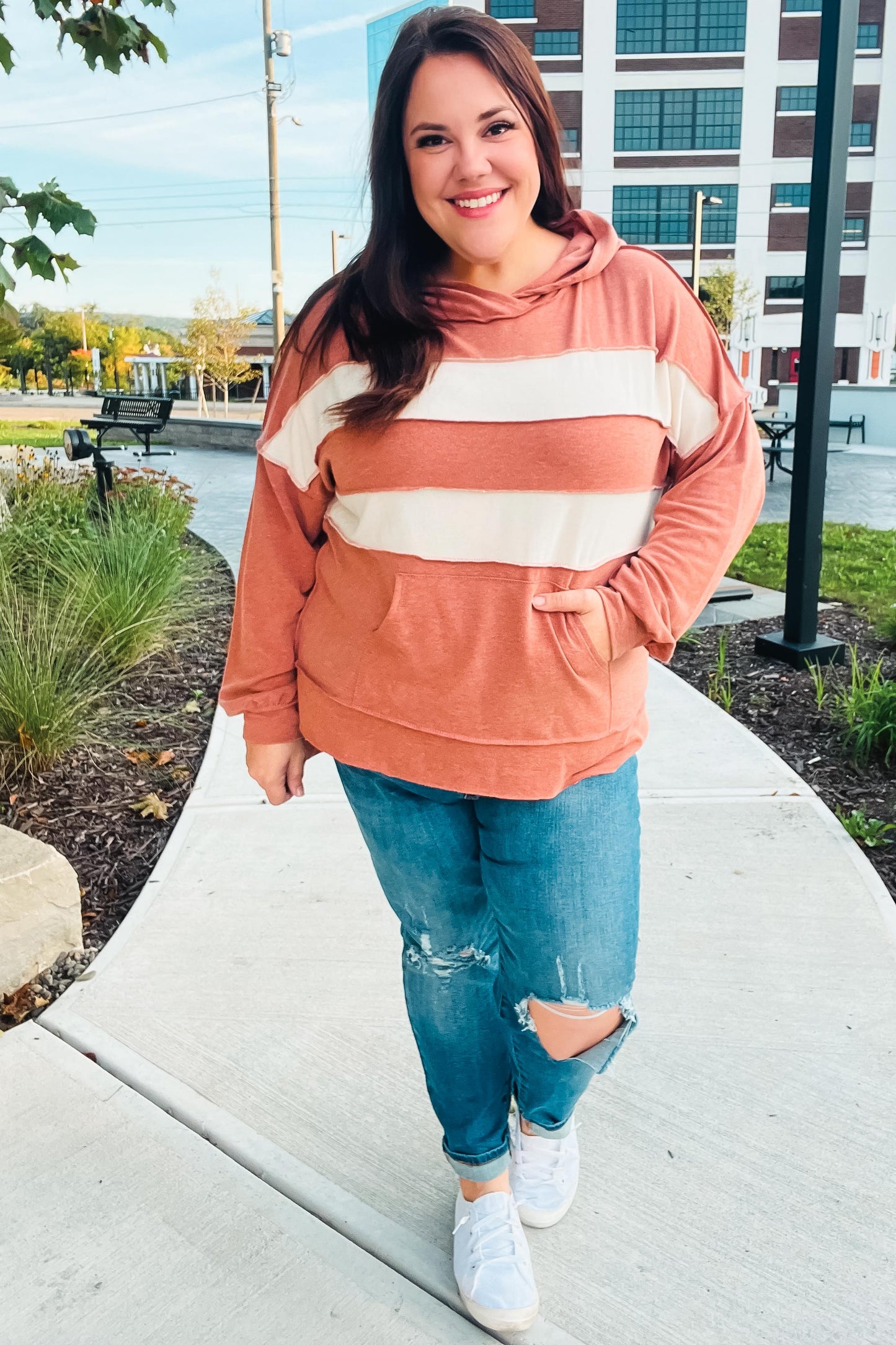 Feeling Playful Rust Stripe Color Block French Terry Hoodie