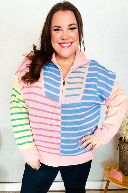 Perfectly Poised Blush & Blue Stripe Half Zip Up Oversized Sweater