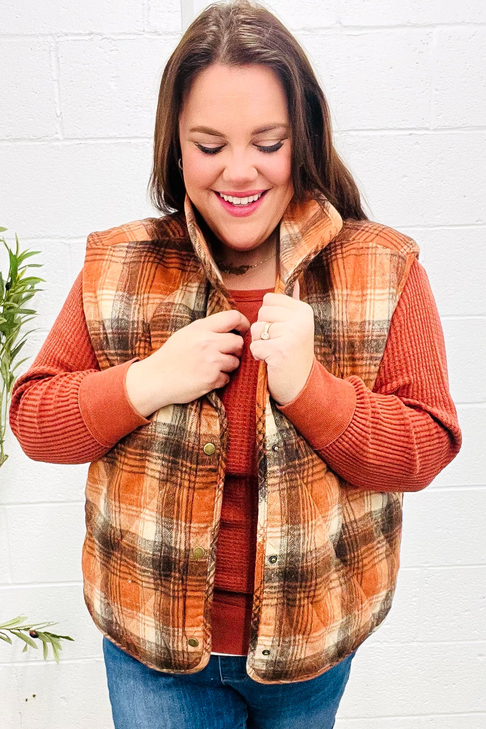 Put Together Rust Taupe Plaid Snap Button Quilted Puffer Vest