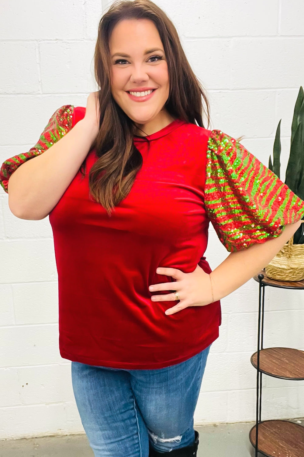 Warmest Wishes Red & Green Sequin Puff Sleeve Velvet Top