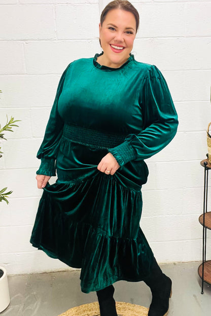 Holiday Dreaming Hunter Green Velvet Mock Neck Smocked Waist Dress