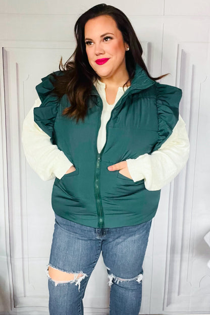 Feeling Festive Hunter Green Zipper Up Quilted Ruffle Sleeve Puffer Vest