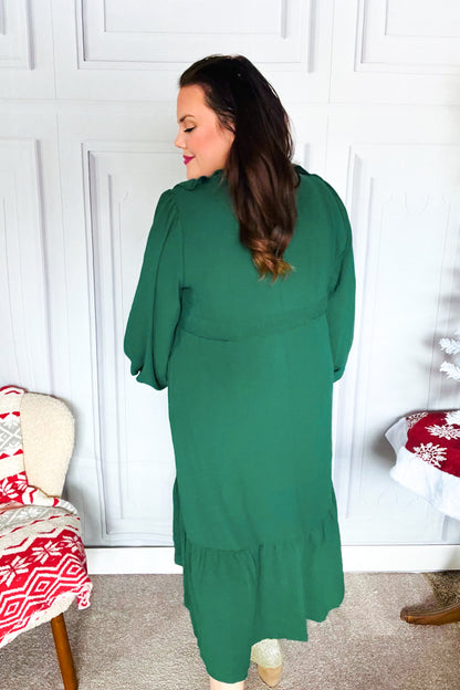 Beautiful You Holiday Green Overlap Ruffle V Neck Midi Dress