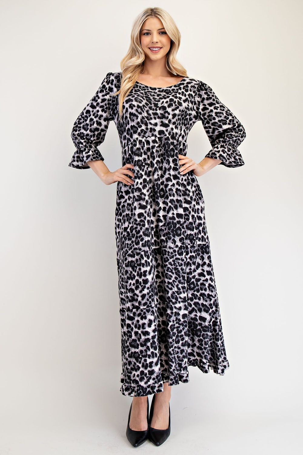 Celeste Full Size Leopard Round Neck Flounce Sleeve Dress