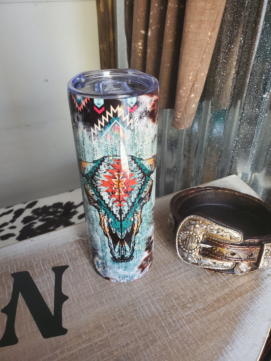 Cow Skull with Serape Print Tumbler