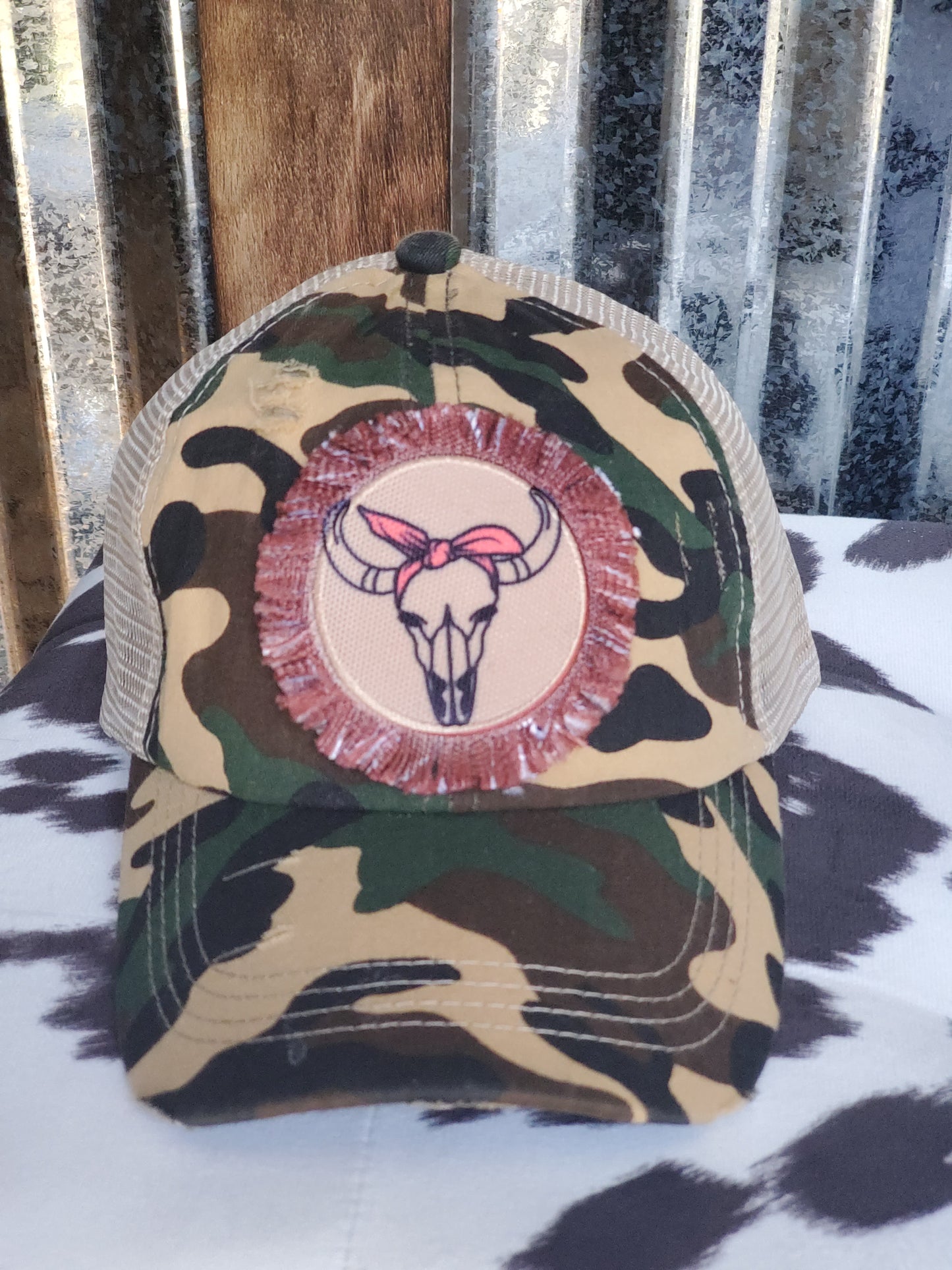 Cow Skull with Bow Patch on Camo Hat